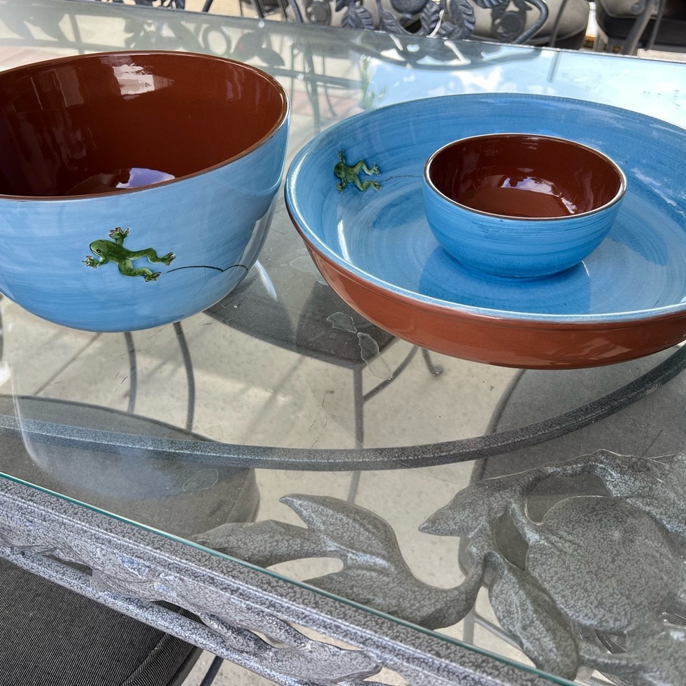 Frog Ceramic fire glazed chip dip & salad bowl set